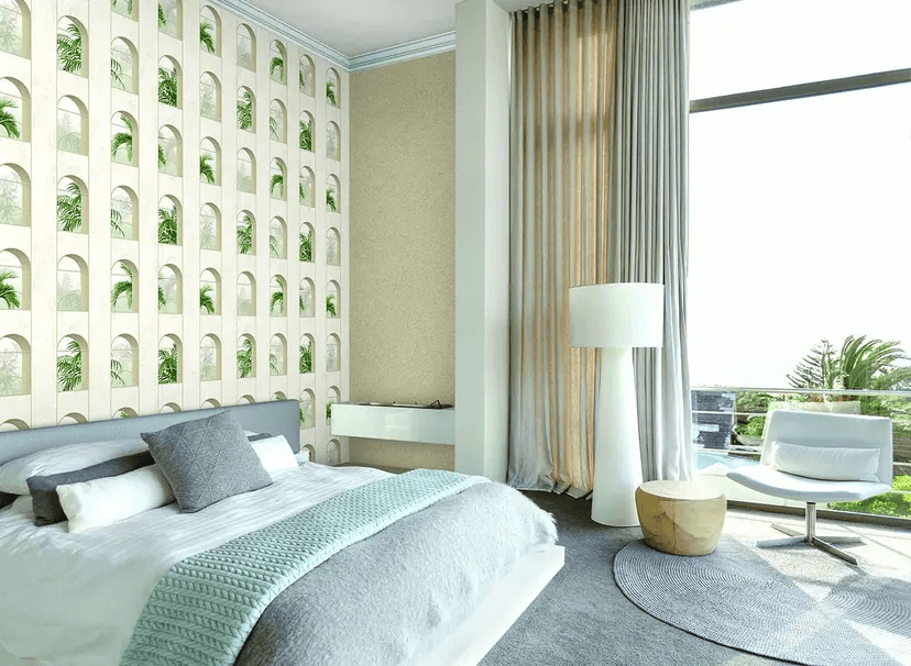 Palm Tree Framed By An Archway - Removable Non-Pasted PVC Wallpaper Roll 106x1550 Cm Easy-To-Clean, Waterproof, Antibacterial Suitable For Residential & Commercial Use Fiore-82070